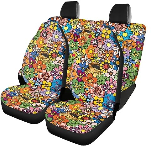 Belidome Set von 4 farbenfrohen Rückenlehnenbezügen für das Auto mit Hippie-Blumenmuster, Einheitsgröße