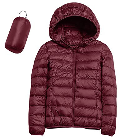Women's Warm Waterproof Lightweight Jacket with Hood Windproof Winter Coat with Recycled Insulation Winter Slim Short with Hood Warm White Duck Down Coat Waterproofing Spray Ski Clothing, Wine Red, M