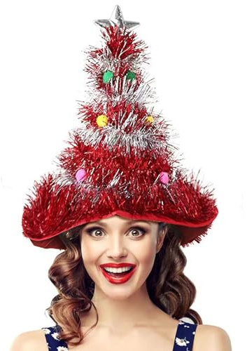 JIAMIAN Sombrero de Navidad, Gorro de Árbol de Navidad, Adulto Rojo Lentejuela Plata, con Estrella Divertido Gorro de Navidad, Gorro de Bruja para Fiesta de Papá Noel Decoración Navideña tocado