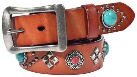 Gürtel Damen Punk Nietengürtel, Herren-Gürtel Mode Vintage Türkis Verziert aus Metalllegierung Dornschließe Pyramide Nietengürtel für Jeans Hosen Jacke,Orange,105CM/41.3''