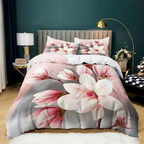BanbE Bettwäsche Magnolie Und Rosa 180x200 cm Bettwäsche-Sets, Bettbezug für Erwachsene Kinder, Modern Schlafzimmer Dekor mit 2 Kissenbezüge 80x80 cm