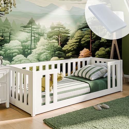 Kids Collective Kinderbett 90x200 cm mit Matratze, Rausfallschutz & Lattenrost in weiß Mädchen Jungen Bett Jugendbett Einzelbett 90x200 cm cm | von 4. bis 18. Lebensjahr