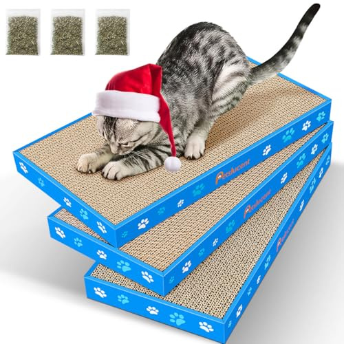Petslucent Cat Scratching Board, Corrugate Cat Scratcher for Indoor Cats with Box, Scratch Pad with Catnip, Cardboard Double-Sided Usability (3PCS)