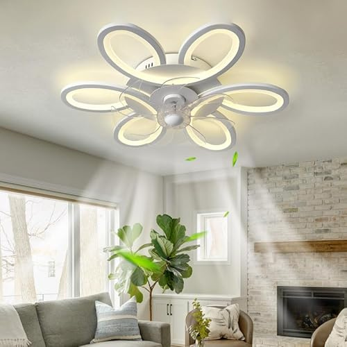 LED Ventilateur Plafond Avec Lumiere Silencieux Dimmable Fleur Lustre Ventilateur De Plafond Chambre TéLéCommande RéVersible Lampe Ventilateur Intelligent Moderne 65cm Pour Salon, Cuisine, Blanc