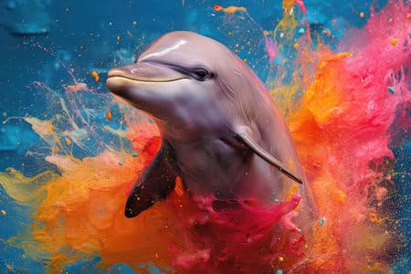 adrium Acryl-Bild 110 x 70 cm: Delphin springen in einer extremen Nahaufnahme mit farbenfroher Regenbogenfarbe. Generative KI (210484507)