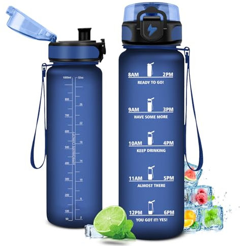 KollyKolla Botella de Agua 1 litro, Botella sin BPA, Botella Deporte, Cantimplora Infantil Prueba de Fugas, Reutilizable, Garrafa Agua para Niños, Adulto, Colegio, Camping, Oficina, Bicicleta