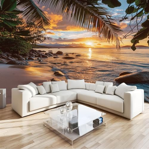 Papier Peint Panoramique 3D Coucher de Soleil Océan Cocotier Intissé Tapisserie Poster Mural Multicolore pour Salon Chambre Décoration Murale 300x210cm