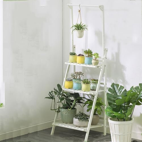 Dcbdx Flower Ladder Stand Hanging Rack with 3 Tier Bamboo Stairs Height Adjustable Hanging Pots Organizer Plant Display Shelf Outdoors Indoor,white,Long 50cm