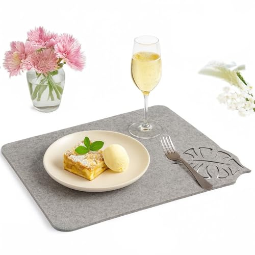 6-Teiliges Set aus Filz Tischuntersetzer Platzset Tischläufer, Platzdeckchen abwaschbar Filzmatte (Blume Grau)
