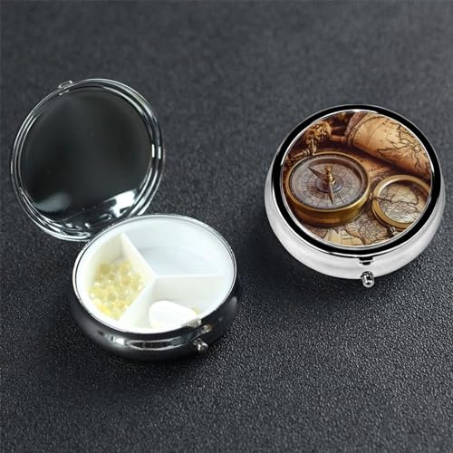 Pillendose mit Kompass und alter Weltkarte, 3 Fächer, kleine Pillendose für Geldbörse und Tasche, dekoratives Metall, Medikamentenkoffer, Reise-Pillendose, runder Pillen-Organizer, Vitaminbehälter,