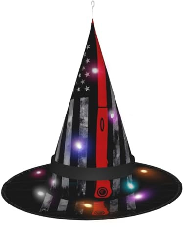 SamLng Sombrero de bruja con bandera de línea roja con hacha de bombero, accesorios de disfraz de Halloween para fiestas, bailes de máscaras y vestido de cosplay de mujer, gorra de luz LED