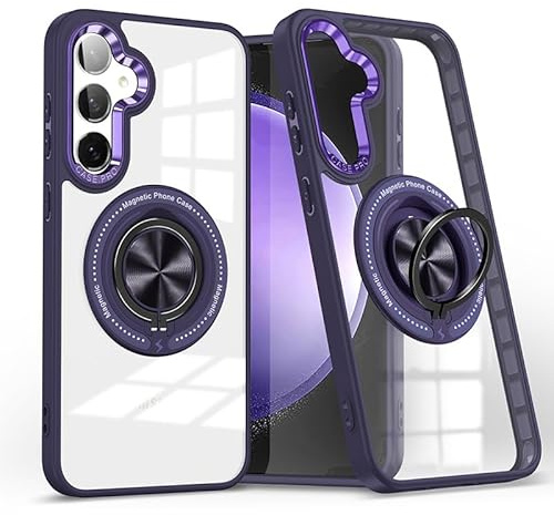 Kainevy for Samsung S24 FE Case Clear Compatible with MagSafe with Stand Ring Holder Cute Phone Cover Samsung Galaxy S24 FE Case Slim Magnetic Hard Military Grade Shockproof Protective (Purple)