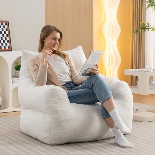 DEKKETO Teddy Big Bean Bag Sofa with Memory Foam Filling for Adults, White | No Assembly Required, 100x94x70 cm, Spacious Seat, Regains Shape After Unpacking, Beanbag Chair for Living Room and Bedroom