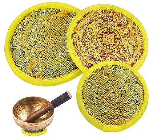 Klangschalen Unterlage 3 Stück Gelb, Runde Kissen für Meditation | Baumwolltuch mit Stickmuster, Nutzbar als Untersetzer oder Teematte, Passend für Teekanne und Klangschale