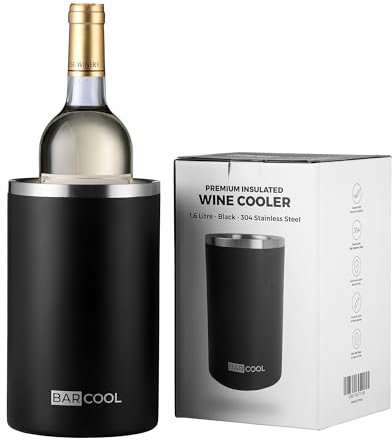 Barcool Wine Cooler Sleeve | Stainless Steel Double Walled Insulated Wine Bottle Cooler for Wine & Champagne | Portable, No Ice Needed, Condensation Free Wine Chiller for Home & Outdoor Use - Black