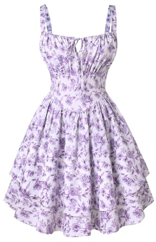 SCARLET DARKNESS Robe d'été florale pour femme avec bretelles spaghetti - Mini robe victorienne à volants pour la plage, Motif floral violet foncé, XL