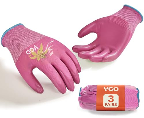VGO 3 Paia Donna Giardinaggio Guanti- Rivestiti in Nitrile Antiscivolo, Lavabili in lavatrice & Traspiranti per Outdoor,DIY,Ranch,Camping| Bundle Economico con Colori Scelta(3Paia/M/Magenta/NT2110-P)