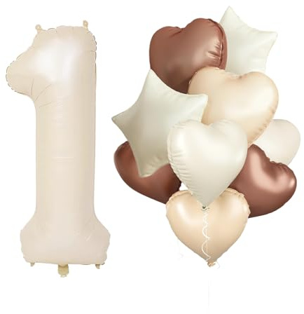Luftballon 1. Geburtstag,Beige Geburtstagsdeko 1 Jahr mit Riesen folienballon 1 Cream Aprikose Braun Herz Stern Folienballons für 1. Geburtstag Junge Mädchen Geburtstagdeko Party