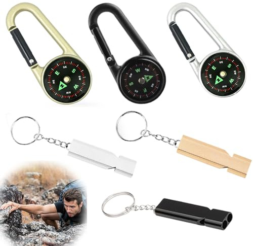 6 Pcs Compass Keychains,Mini Compass,Contains 3Pcs Life-saving Whistles For Summer Outdoor Hiking Hunting Travelling