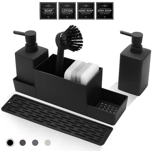 Haisheng 1 Set Kitchen Soap Dispenser, Black 2 Pack Soap Dispenser Bottle with Pumps, Sponges, Brush, Drainer Tray, 350ML Shampoo Lotion Bottle for Kitchen and Bathroom