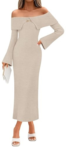 Saodimallsu Womens Off The Shoulder Maxi Sweater Dress Long Sleeve Bodycon Elegant Ribbed Knit Fall Midi Dresses Beige
