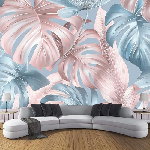 JSCWDET Papier Peint Feuilles Tropicales Soie, Poudre De Fard À Joues Poster Geant Mural 3D Pour Salon Chambre Décoration Murale,Feuilles De Monstera Bleu-Rose,200×140 Cm (W×H)