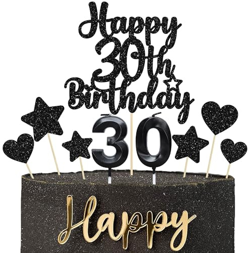 Gyufise 15Pcs Happy 30th Birthday Cake Topper Set with Heart Star Glitter Cheers to 30 Years Cake Picks Number 30 Candles Cake Decorations for Happy 30th Birthday Anniversary Party Supplies Black