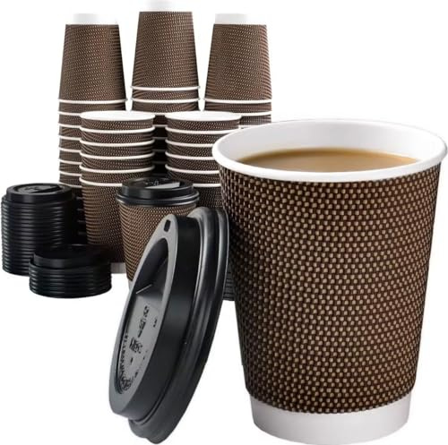 100 x 10oz Brown Ripple Wall Paper Coffee Cups with Lids (300ml) – Triple Wall Insulated Disposable Hot Drink Cups for Tea, Cappuccino, Latte, Takeaway – Leak-Resistant Kraft Cups