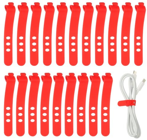 sourcing map 20 bridas de silicona para cables, 3 agujeros, reutilizables, de goma, ajustables, con hebilla de bloqueo, correa de cable multiusos para cables de viaje en casa, oficina, color rojo