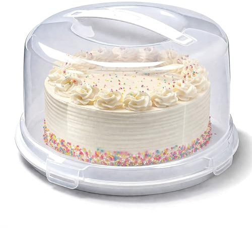 Ploutos World Wide Plastic Cake Box – Clear Lockable Carrier, Square & Round Cake Storage Container with Secure Clips, Durable Fridge-Safe Dessert Holder with Handle & Strong Lid (1, Circular)