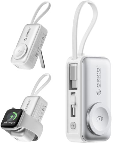 ORICO Mini Batterie Externe 5000mAh, Compatible avec Apple Watch et iPhone | Charge rapide PD 22,5W, connecteur USB-C pliable, câble USB‑C intégré, Blanc