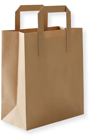 50 Brown SOS Paper Food Storage Bags with Flat External Handle – Durable Kraft Paper Carry Bags for Takeaway, Bakery & Food Packaging – Small 7 x 8.5 x 3
