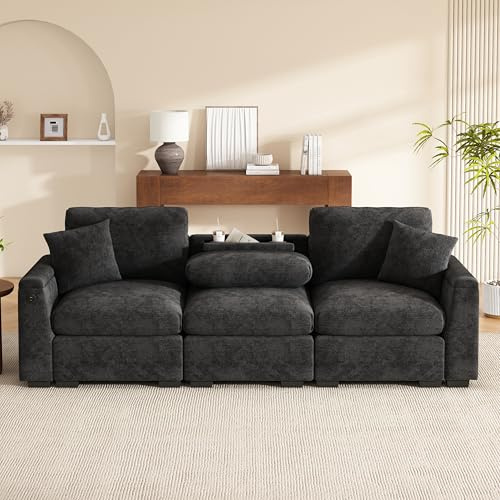 Divano modulare, chaise longue, divano chaise longue, moderno divano a tre posti in ciniglia, divano in tessuto con cuscino, tavolo pieghevole e porta USB, porta bevande e spazio di archiviazione, un
