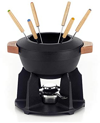 Le Creuset Set de fondue de hierro fundido, Con 2 asas de madera, tapa antisalpicaduras, quemador y 6 tenedores para fondue, Volumen: 2 L, Negro, 60612000000460