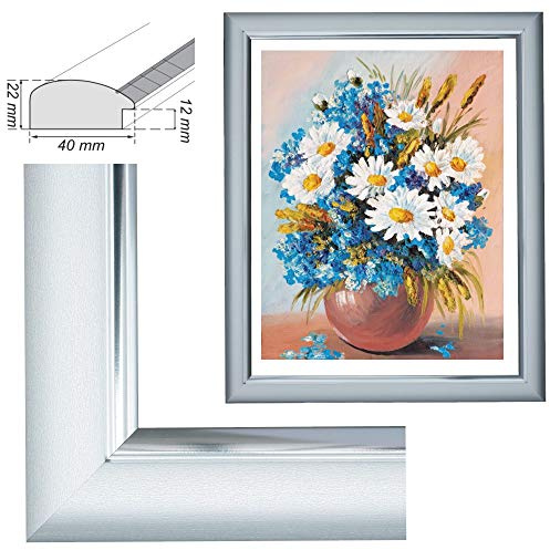 RAABEC Bilderrahmen 40x50cm Silber für Malen nach Zahlen ohne Glas | Dekorativer Bilderrahmen ideal für Malen nach Zahlen, ohne Glas, auch für Ölbilder und Acrylbilder geeignet