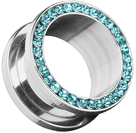 Piersando Flesh Tunnel Ohr Piercing Plug Ohrpiercing Schmuck Schraub aus Edelstahl Tribal mit Zirkonia Kristall Steinen Silber 12mm Aqua