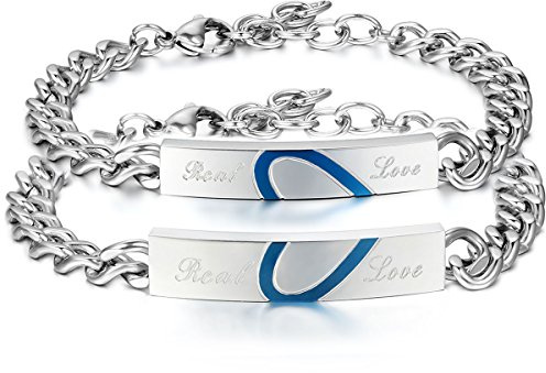 OIDEA Bracciale Braccialetto per Coppia Lovers Braccialetto in Acciaio Inox Real Love Puzzle Cuore Regalo per Amante Blu Argento(1 Coppia)