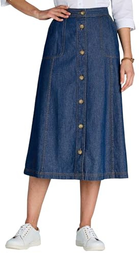 Chums Ladies 100% Denim Button Through Skirt Elasticated Back Waist Panelled Design with Pockets Lengths 27 Petite, 29 Regular Denim 16