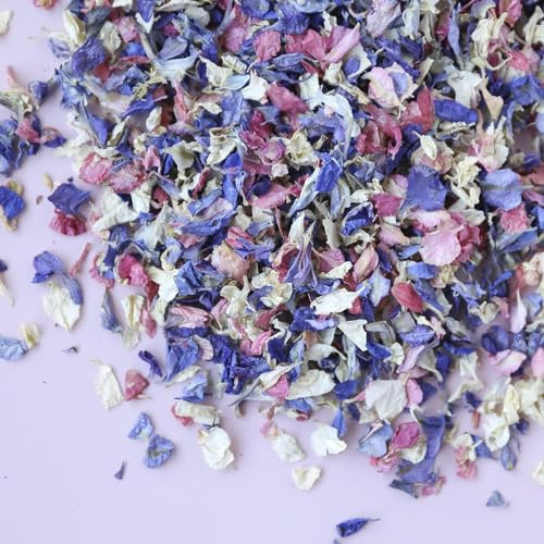 NATURAL BIODEGRADABLE DRIED FLOWER PETAL WEDDING CONFETTI (Bright Mix: Purple, Pink, Blue & Ivory, 1 Litre)