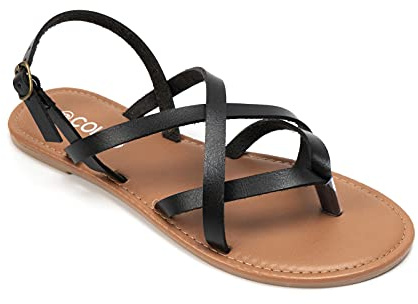 Colgo Women's Summer Strappy Flat Sandals, Adjustable Casual Fisherman Sandal with Open Toe Slingback Gladiator Sandals (8,Black)