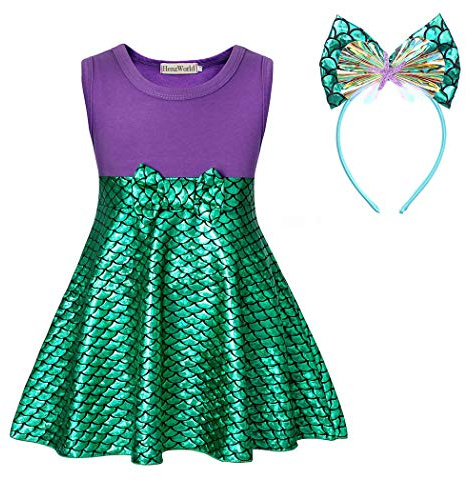 HenzWorld Little Girls Mermaid Costume Princess Dress up Birthday Fancy Party Gift Outfit Cosplay Halloween Role Play Fish Scale Headband Kids 7-8 Years