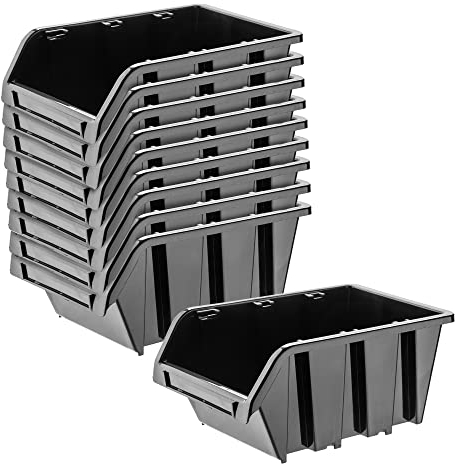 KADAX Boîtes de Rangement Murales, Boîtes Empilables en Plastique pour Organiser Vos Outils, Bacs à Bec pour Garage (Lot de 10 : Noir, 115 x 80 mm)