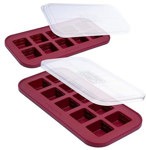 Souper Cubes 30mL 2 Tbsp Silicone Freezer Trays with Lid, Cranberry, 2 Pack | 100% Platinum-Cured Silicone Freezer Mould, Oven & Microwave Safe, Perfect For Freezing Herbs, Garlic, Pesto, Butter & More
