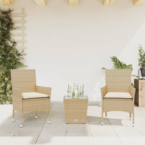 Keyroto Garten sitzgruppe 2 Personen Gartenmöbel Set 2 stühle mit Tisch Rattan essgruppe balkonmöbel 2 Personen Balkon Tisch und stühle Gartengarnitur-Beige and cream-3-tlg-2