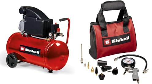 Einhell Kompressor TC-AC 270/50/8 (max. 8 bar, 1,8 kW, Ansaugleistung 270 L/min, 50-l-Tank, Entwässerungsschraube, Manometer, Schnellkupplung, inkl. 10-tlg. Druckluftset)