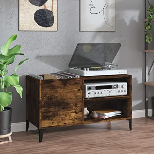 Sufrk Meuble pour disques en chêne fumé, 84,5 x 38 x 48 cm, en bois multicouche, support pour platine, support pour platine disque en bois, support pour platine disque avec espace de stockage