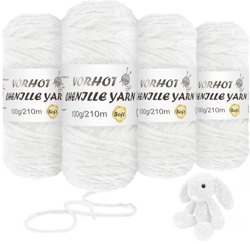VORHOT Chenille Wolle zum Häkeln und Stricken, Samtig Babywolle, Weiche Chenille Garn, Kuschelweich, 4x100g, 210m, Weiß