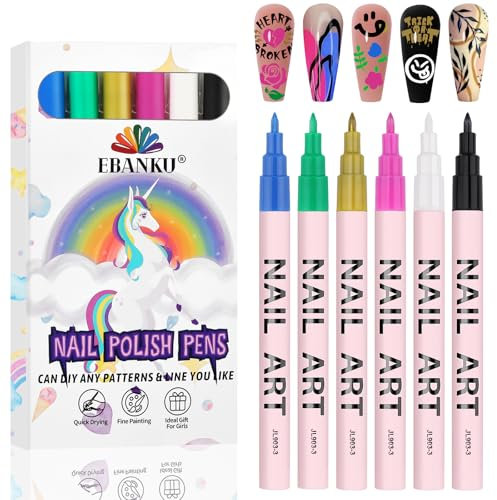 EBANKU Nailart-Stifte, 3D 0,7 mm Nagellackstifte Schnelltrocknende Nailart-Marker Acrylfarbe Nagelspitze Graffiti Punktierstift Liner Stift Werkzeuge für Zuhause & Salon Nagel DIY (6 Farben)