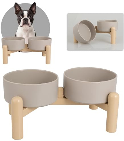 PTOBER Comedero Perro Elevado - Juego de 2 Cuencos para Perros con Soporte Antideslizante - Cerámica Apto para Perros Pequeños y Medianos - 2 x 850 ml - Gris Claro