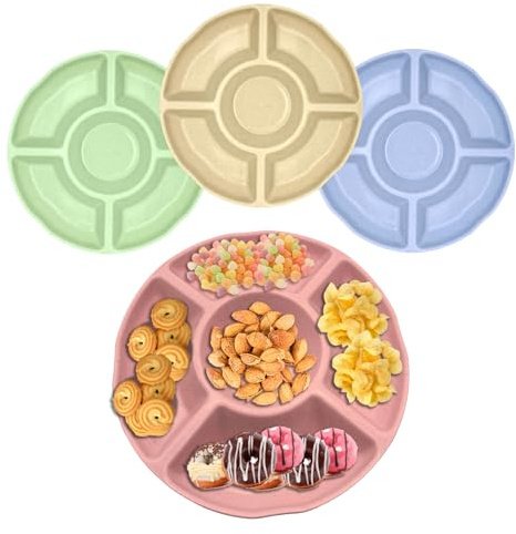 4 PCS Snackteller mit 5 Fächern Rund, Stapelbarer Snack Teller Plastik Bunte, Süßigkeiten Dessert Teller Obstteller Snackschale mit Fächern, Wiederverwendbar Unterteilung Snackspender für Home Party